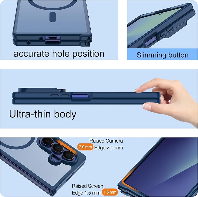 Pilaru for Samsung Galaxy Z Fold 7 case [Compatible with Magsafe] Translucent Matte Magnetic Phone Case,Slim Thin Duty Shockproof Protection Cover with 2pc HD Screen Protector for Z Fold 7-Dark Blue