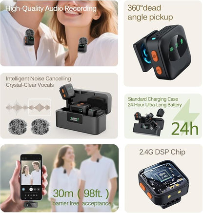Ai Mini Mic Wireless Lavalier Microphone System (2TX+2RX+Case), Magnetic & Clip-On Microphone for iPhone, Android, Vlogging, Studio-Quality Sound, 48H Battery, Ai Noise Cancelling