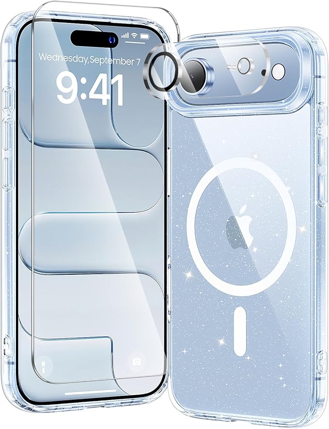 3 in 1 for iPhone Air Case Clear Glitter,Fits MagSafe, Not Yellowing, Screen Protector*1 Camera Lens Protector*1, Military-Grade Protection for Phone Cover 6.5 inch