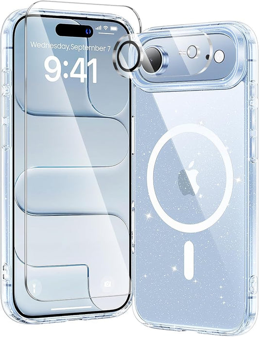 3 in 1 for iPhone Air Case Clear Glitter,Fits MagSafe, Not Yellowing, Screen Protector*1 Camera Lens Protector*1, Military-Grade Protection for Phone Cover 6.5 inch