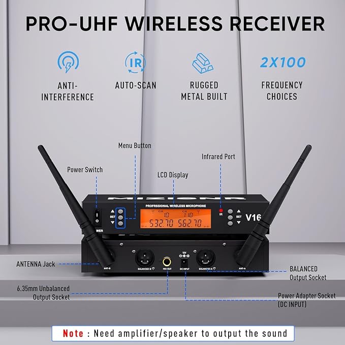 2 Channel Wireless Lapel Microphone, Set of 2 Headset & Lavalier Mics with 200 Adjustable Frequency UHF Metal Receiver, 300ft Range Microphone System for Church, Karaoke, Preaching, Wedding