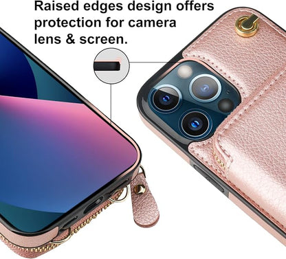 Bocasal Crossbody Wallet Case for iPhone 13 Pro Max, RFID Blocking Leather Purse Case with Card Holder, Protective Handbag Flip Cover with Zipper Wrist Strap Lanyard for Women 5G 6.7 Inch (Rose Gold)