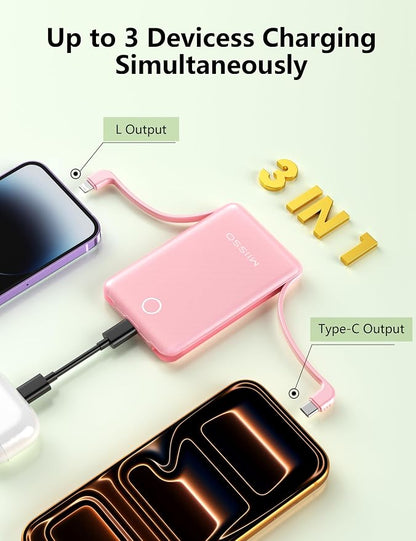 miisso 10000mAh Mini Portable Charger with Built in Cable, Pocket Size Power Bank Travel External Battery Pack for Phone, 3 Output USB Type C Cord Clutch Compatible with iPhone, Samsung, Pink