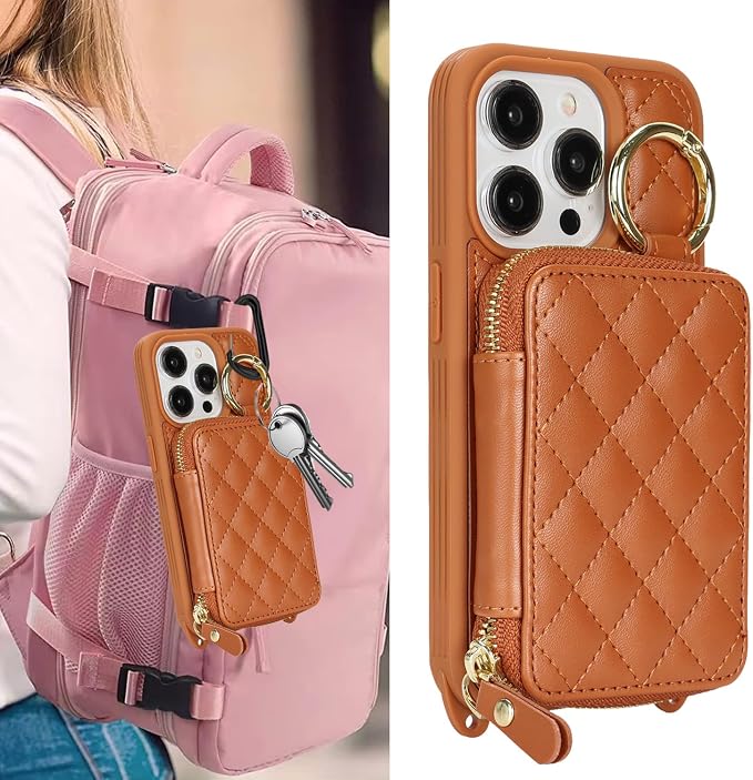 Crossbody Wallet Case for iPhone 14 Pro, PU Leather Zipper Handbag Purse Flip Cover, Kickstand Folio Case with Card Slots Holder Wrist Strap Lanyard 5G 6.1 Inch-Brown