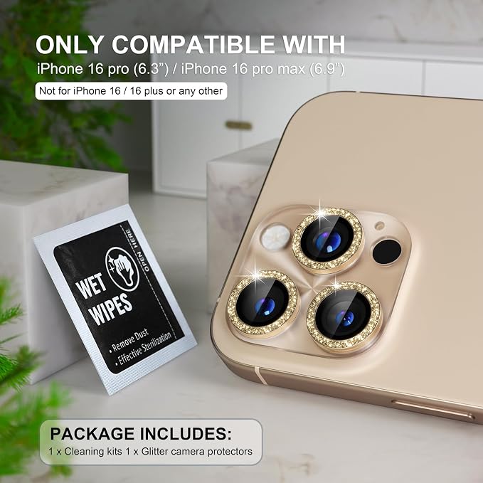 Choiche Compatible for iPhone 16 Pro/iPhone 16 Pro Max Camera Lens Protector, Bling Camera Cover with 9H Tempered Glass Lens Screen Protector Metal Ring Decoration Accessories (Clear-Titanium Desert)