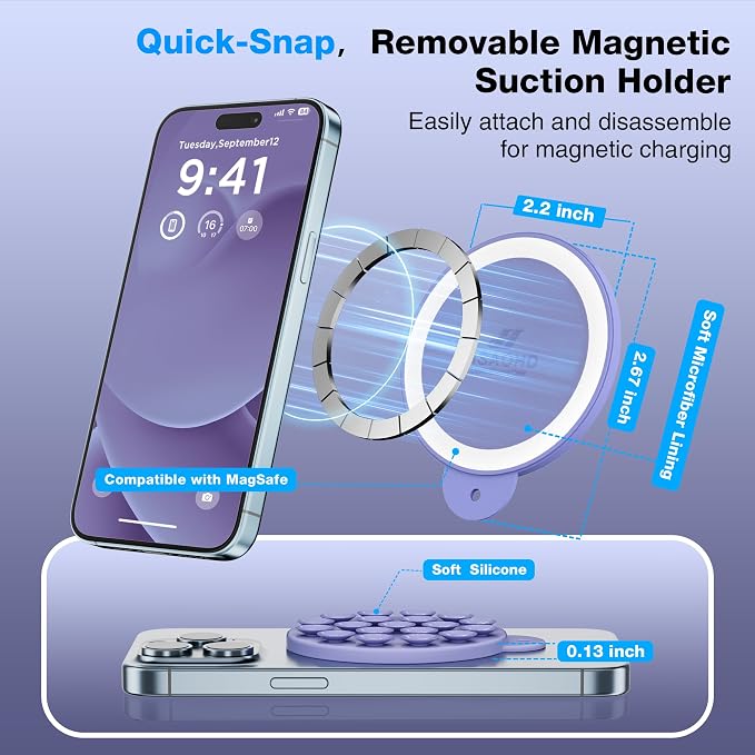 Magnetic Suction Cup Phone Mount, Compatible with MagSafe, Silicone Octo Cup Buddy Sticky Grip Holder for iPhone and Android, Removable Hands-Free Phone Stand Selfie/Video for TikTok, Lavender