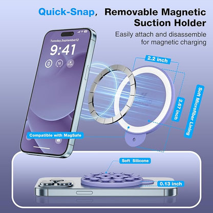 Magnetic Suction Cup Phone Mount, Compatible with MagSafe, Silicone Octo Cup Buddy Sticky Grip Holder for iPhone and Android, Removable Hands-Free Phone Stand Selfie/Video for TikTok, Lavender
