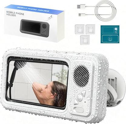 Waterproof Phone Holder with Speaker, Shower Phone Holder Waterproof, Shower Phones Holder with Wireless Bluetooth Speaker with 360° Rotation Ipx4 Aqua with Shower Play(White)