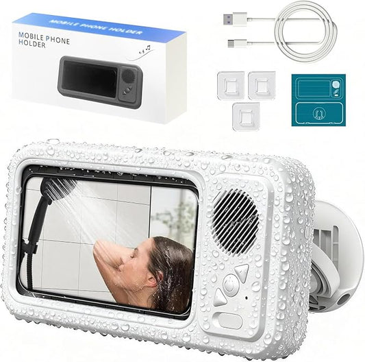 Waterproof Phone Holder with Speaker, Shower Phone Holder Waterproof, Shower Phones Holder with Wireless Bluetooth Speaker with 360° Rotation Ipx4 Aqua with Shower Play(White)