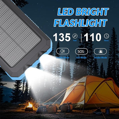 Power Bank Solar Charger 20,000mAh, Portable Phone Charger, 4 Cables Outdoor Waterproof External Backup Power Charger with USB-C for Cell Phones, Solar Battery Pack with Dual Flashlight for Camping