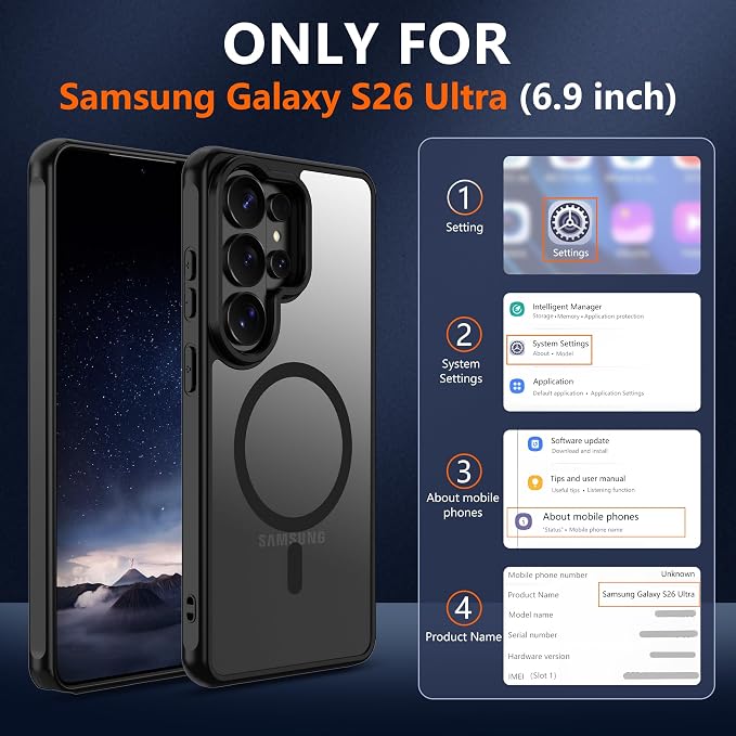 For Samsung Galaxy S26 Ultra Phone Case: 12FT Military Grade Drop Protection【Compatible with Magsafe】S26 Ultra Case with Screen Protector,Slim Frosted Translucent Soft Touch case for S26 Ultra,Black