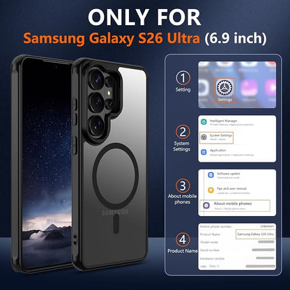 For Samsung Galaxy S26 Ultra Phone Case: 12FT Military Grade Drop Protection【Compatible with Magsafe】S26 Ultra Case with Screen Protector,Slim Frosted Translucent Soft Touch case for S26 Ultra,Black