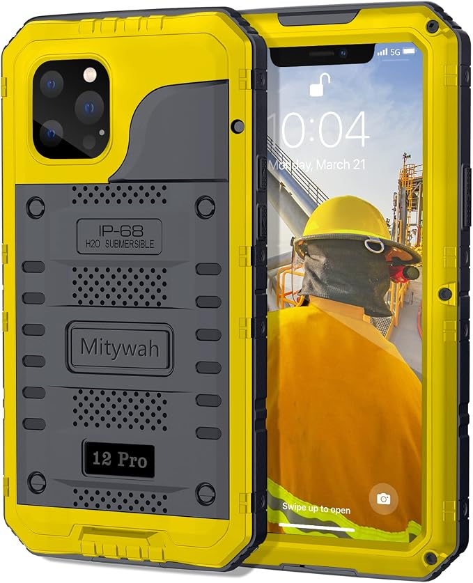 Mitywah Waterproof Case for iPhone 12 Pro, Heavy Duty Shockproof Case with Built-in Screen Protector, Full Body Underwater Protective Metal Case 6.1 inch, Yellow