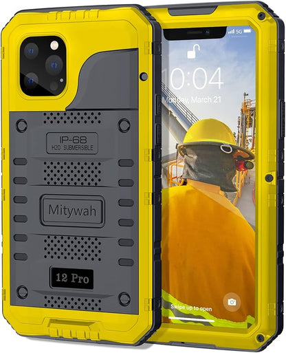 Mitywah Waterproof Case for iPhone 12 Pro, Heavy Duty Shockproof Case with Built-in Screen Protector, Full Body Underwater Protective Metal Case 6.1 inch, Yellow