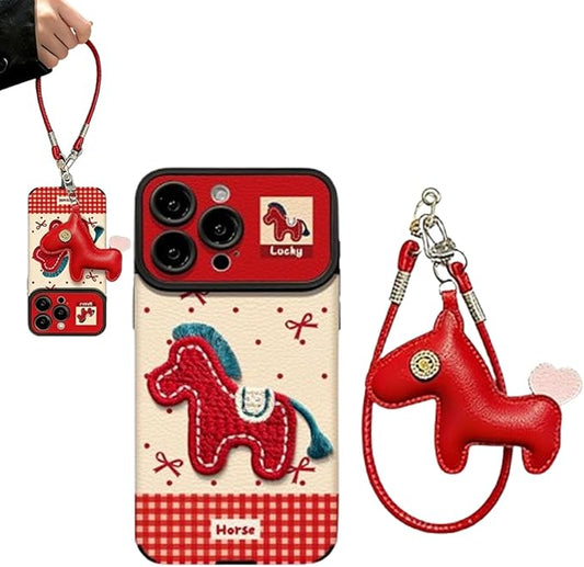 2026 Embroidered Pony Lanyard New Year Phone Case, Year of The Horse Anti-Drop Armor Leather Texture Case (Red,16)