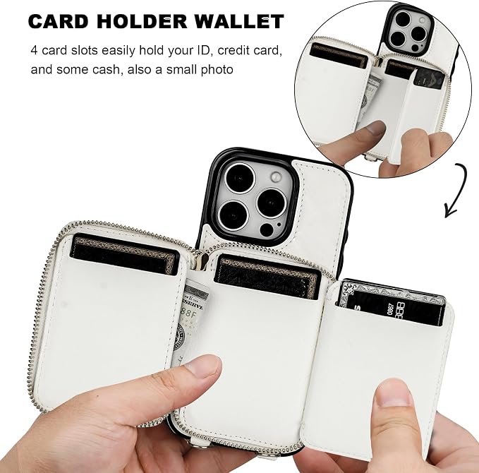 Bocasal RFID Blocking Wallet Case for iPhone 16 Pro, Adjustable Crossbody Zipper Purse Case Card Holder with Kickstand Detachable Wrist Strap, PU Leather Flip Folio Case 6.3 Inch 5G (White)
