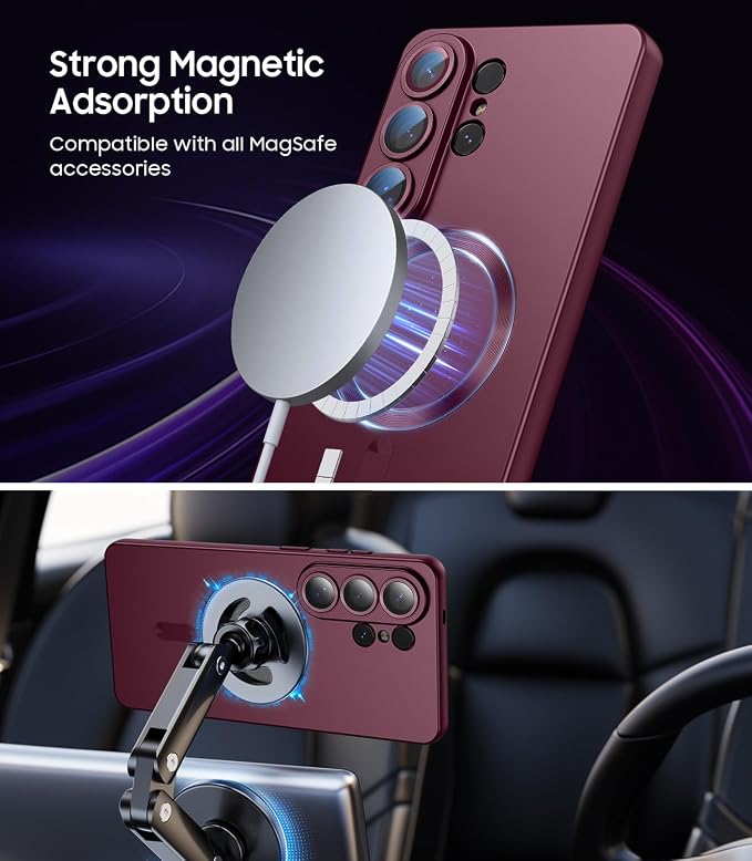 Magnetic for Samsung Galaxy S26 Ultra Case [Compatible with MagSafe][Built-in Camera Lens Protector] Slim Soft Silicone Bumper Shockproof Metallic Luster Phone Case, Burgundy