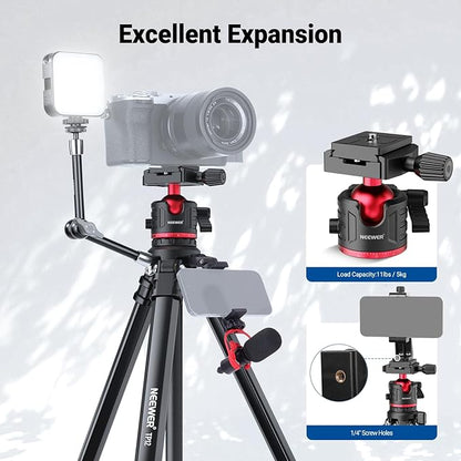 NEEWER Basics 66.5"/169 cm Travel Tripod for Camera, Lightweight Portable DSLR Stand with Ball Head, Arca Type QR Plate, Cell Phone Holder Compatible with iPhone Video Recording, Max Load 11 lb, TP12