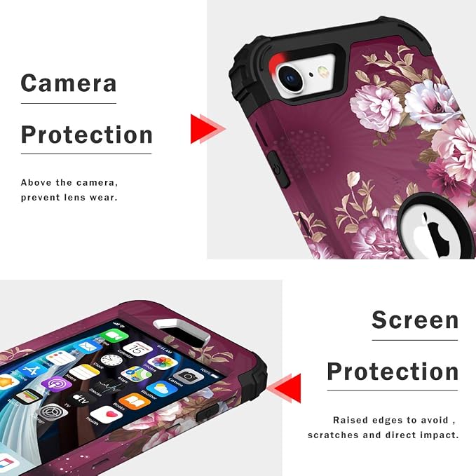Hocase for iPhone SE 2022/2020 Case, Heavy Duty Shockproof Protection Hard Plastic+Silicone Rubber Hybrid Protective Case for iPhone SE 3rd/2nd Generation (4.7") - Royal Purple Flowers