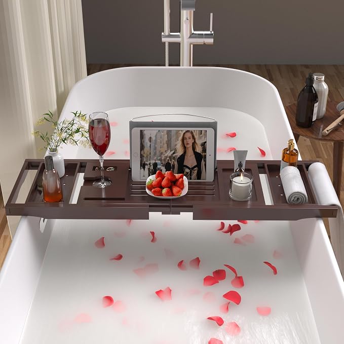 Bathtub Caddy Tray for Tub,Foldable Bath Table Trays,Bamboo Shelf with Book and Wine Glass Holder,Bathroom Accessories Suitable for Luxury Spa or Reading,Brown