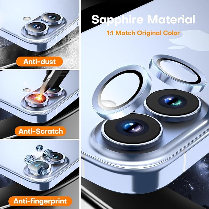 Camera Lens Protector for iPhone 17/16/16 Plus,Tempered Glass Metal Individual Camera Cover Screen[Anti-drop] Case Friendly- Mist Blue