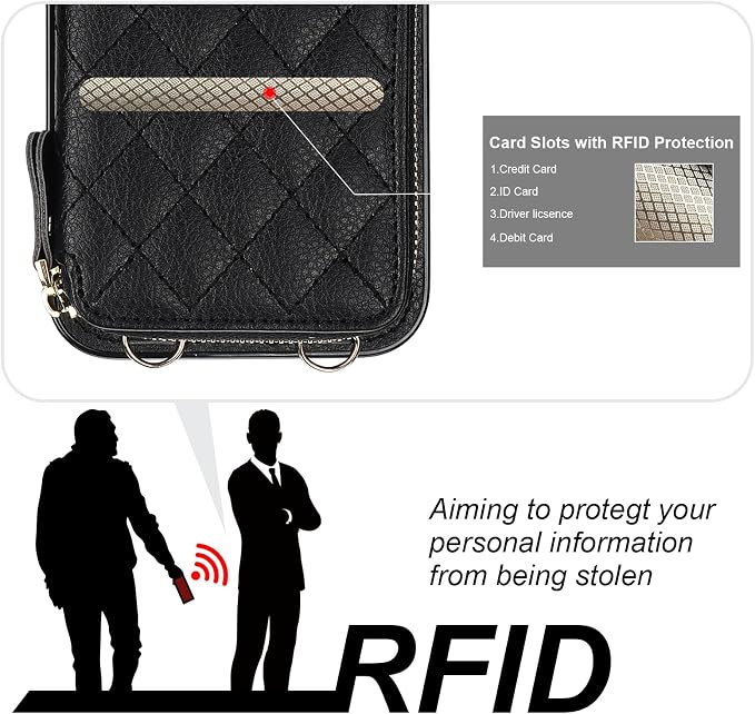 Bocasal Crossbody Wallet Case for iPhone 15 Plus, RFID Blocking PU Leather Zipper Handbag Purse Flip Cover, Kickstand Folio Case with Card Slots Holder Wrist Strap Lanyard 5G 6.7 Inch (Black)