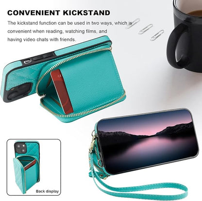 Bocasal Crossbody Wallet Case for iPhone 14, RFID Blocking PU Leather Zipper Handbag Purse Flip Cover, Kickstand Folio Case with Card Slots Holder Wrist Strap Lanyard 5G 6.1 Inch (Mint Green)