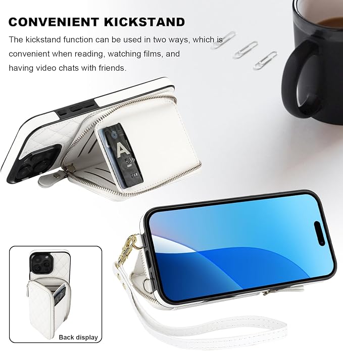 Bocasal Crossbody Wallet Case for iPhone 16 Pro Max, RFID Blocking PU Leather Zipper Handbag Purse Flip Cover, Kickstand Folio Case with Card Slots Holder Wrist Strap Lanyard 5G 6.9 Inch (White)