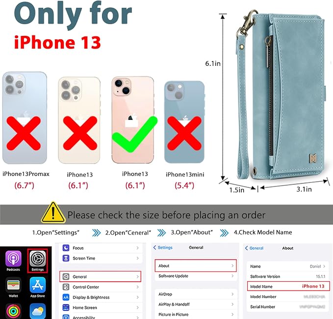 Wallet Case for iPhone 13 with Card Holder/Crossbody Wallet/Strap| RFID Blocking | Magnetic | Kickstand | Detachable | PU Leather Phone Case for iPhone 13,6.1 in,Blue