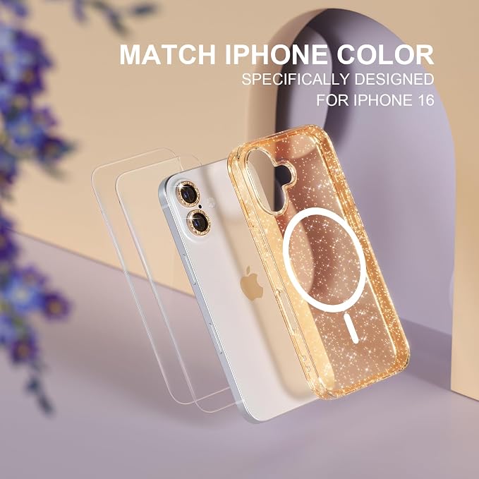 Choiche for iPhone 16 Case Magnetic, Women Clear Glitter Bling Sparkly Case, [2xDiamond Camera Lens Protectors] [2xTempered Glass Screen Protectors] [Compatible MagSafe] 6.1" (Glitter Gold)