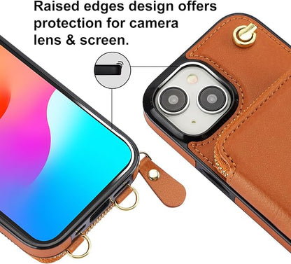 Bocasal Crossbody Wallet Case for iPhone 15, RFID Blocking Leather Purse Case with Card Holder, Protective Handbag Flip Cover with Zipper Wrist Strap Lanyard for Women 5G 6.1 Inch (Brown)