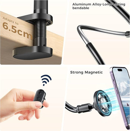 Magnetic Phone Holder for Bed Laying Down with Page Turner, Gooseneck Cell Phone Stand with Reading Clicker, 360°Flexible Long Arm Mount with Wireless Scrolling Ring for Titok iPhone Android.