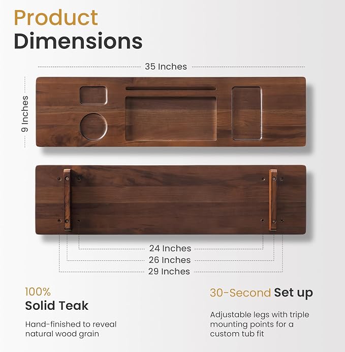 Luxury Teak Bathtub Caddy Tray - 35" Expandable Bath Bridge for Freestanding & Standard Tubs - Water-Resistant Solid Wood Spa Organizer with Wine Glass, Phone Holder & Non-Slip Grips