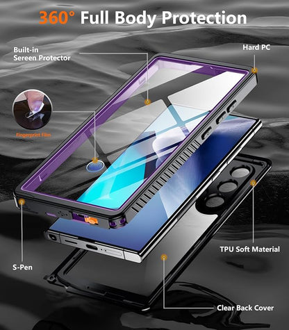 Temdan Designed for Samsung Galaxy S24 Ultra Case,Waterproof Built-in Lens & Screen Protector [Full Body Shockproof][Military Drop Proof][IP68 Underwater] Phone Case for S24 Ultra 5G-Purple (2024)