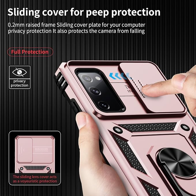 Weycolor for Samsung Galaxy S20 FE 5G Case with Camera Lens Cover, HD Screen Protector, 10 FT Military Grade Drop Protection, Magnetic Ring Holder Kickstand Protective Phone Case, Rose Gold