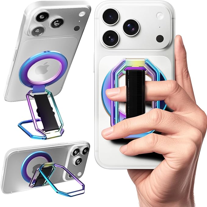 Magnetic Phone Grip & Stand for Desk, Bed & On-the-Go – Compatible with MagSafe – Secure One-Hand Hold, Comfortable Scrolling, Hands-Free Video Calls (Rainbow)