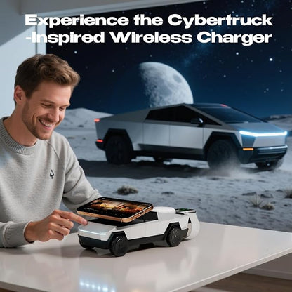CyberDock (Latest Model) - 3-In-1 Wireless Charging Station for iPhone iWatch AirPods, Cybertruck 1:25 Scale Charger with Qi2 15W Fast Charging, Magnetic Rotation & Ambient Light, 30W Adapter (Sliver)