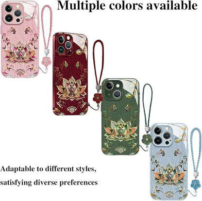 Dunhuangs Lotus Lanyard Hard Case for iPhone 17/16/15/14/13 Pro Max, Dunhuangs Lotus Hard Case, All-Inclusive Lens Design Phone Cases (Pink,16 Plus)