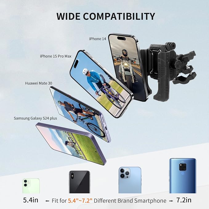 Motorcycle Ebike Phone Mount with Vibration Dampener,360°Adjustable Dual Ball Head & Anti-Shock Handlebar Holder for Bicycle Scooter ATV Fit For (5.4-7.2")iPhone 16/15/14/13 Pro Max ,Pipe Clamp, 75023