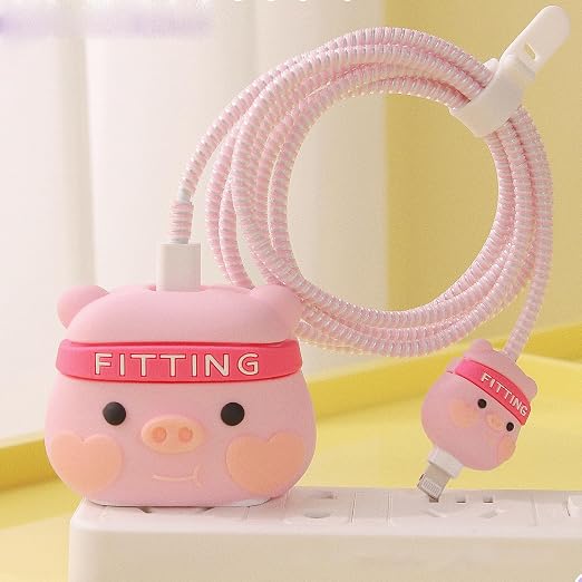 Compatible with iPhone 18W/20W USB-C Charger Protector Cover, 3D Cute Cartoon Charger Case for Apple iPhone 20W USB-C Power Adapter and Lightning Cable Protective Wire Saver (Fitting Pig)