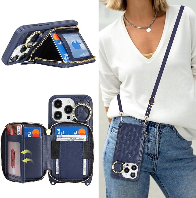 Crossbody Wallet Case for iPhone 14 Pro, PU Leather Zipper Handbag Purse Flip Cover, Kickstand Folio Case with Card Slots Holder Wrist Strap Lanyard 5G 6.1 Inch-Blue