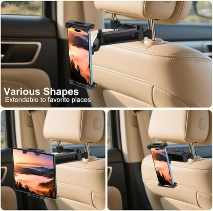 Kairiyard Tablet Holder for Car, 3 in 1 Extension Arm Adjustable Car Headrest Tablet Holder Road Trip Essentials Back Seat Tablets Cars Mount Compatible with iPad Pro, Air, Mini, 4.7-11" Devices