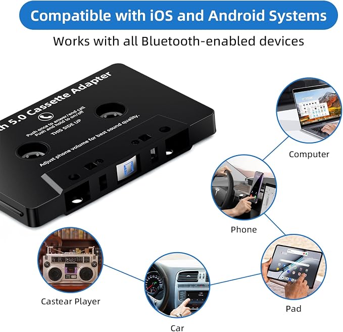 Car Bluetooth Cassette Reciver, Tape Player BT 5.0 Cassette Aux Adapter with Hands-Free