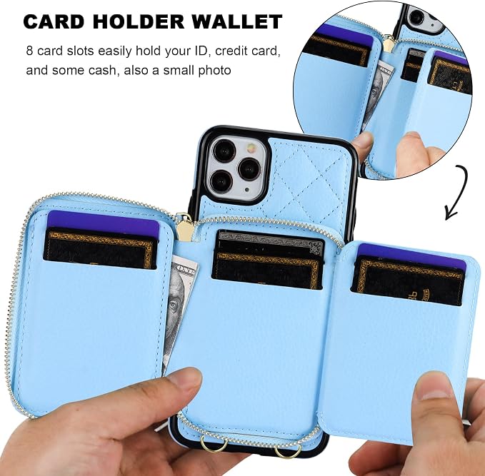 Bocasal Crossbody Wallet Case for iPhone 11 Pro Max, RFID Blocking PU Leather Zipper Handbag Purse Flip Cover, Kickstand Folio Case with Card Slots Holder Wrist Strap Lanyard 6.5 Inch (Blue)