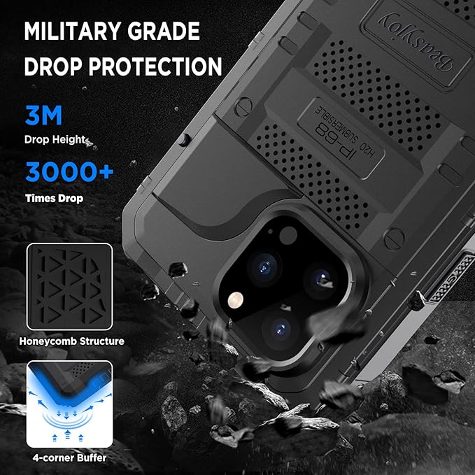Beasyjoy for iPhone 14 Pro Max Waterproof Case, Metal Heavy Duty Case with Built-in Screen Protector, Full Body Protective Military Grade Shockproof Dustproof Defender Rugged Case 6.7 Inch, Black
