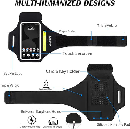 Running Armband with Earphone Bag Cell Phone Armband for iPhone 17 16 15 Pro 14 Plus 13 11 XR, Galaxy S24/S10 Water Resistant Sports Phone Holder Case & Zipper Slot Car Key Holder for 6.7 inch Phone