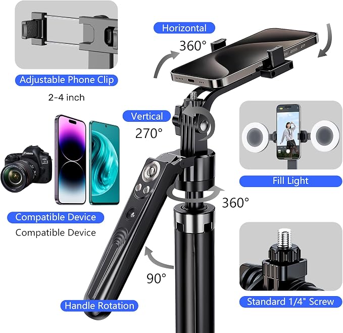 Auto Face Tracking Tripod for iPhone with Light, No APP Needed 70.9" Phone Camera Tripod Stand 360 Rotation Selfie Stick Follows Your Movement with Remote for Content Creator Vlog Live Stream
