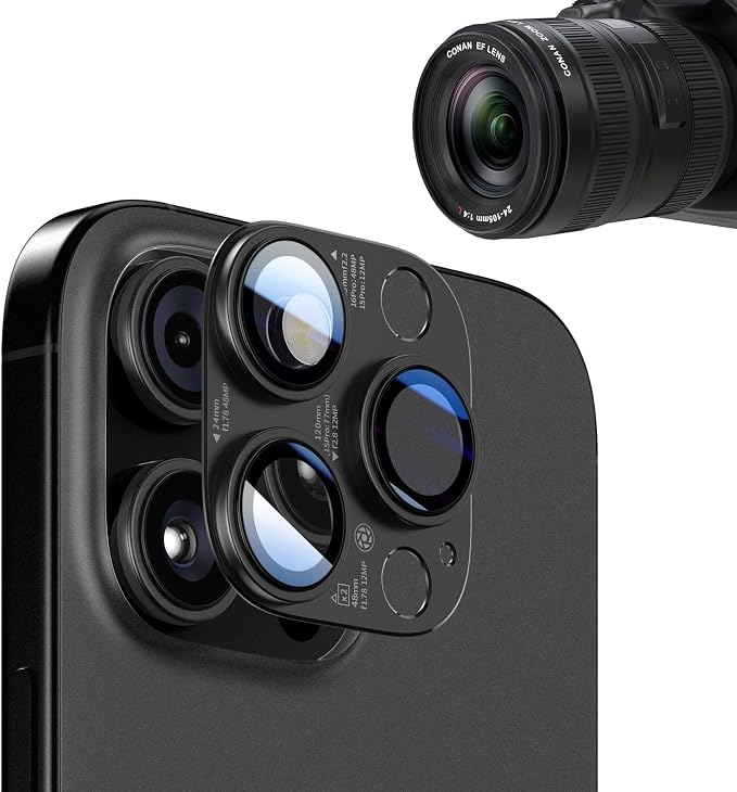 [2 PACK for iPhone 14/15/16 Pro & Pro Max Camera Lens Protector with parameters printing,Tempered Glass Camera Cover Screen - Black