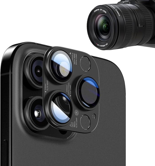 [2 PACK for iPhone 14/15/16 Pro & Pro Max Camera Lens Protector with parameters printing,Tempered Glass Camera Cover Screen - Black