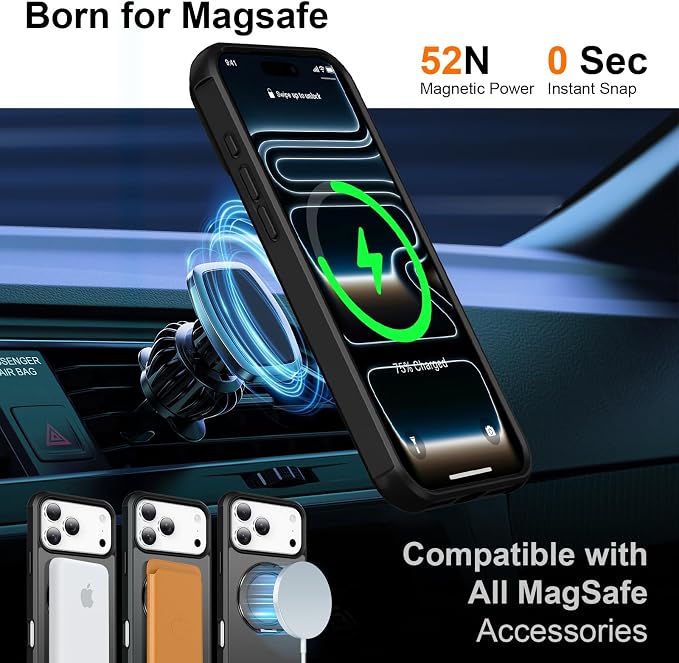 360° Magnetic Swivel Ring for iPhone 17 pro max case, Built-in Metal Stand and Ring Holder, Magsafe Compatible, Military Grade Protection, Shock Resistant - Black